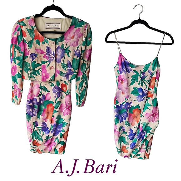 A.J. Bari Dresses & Skirts - Vintage 80s A.J. Bari Silk Sequin Floral Dress Set Bold Cocktail Party Glam 2